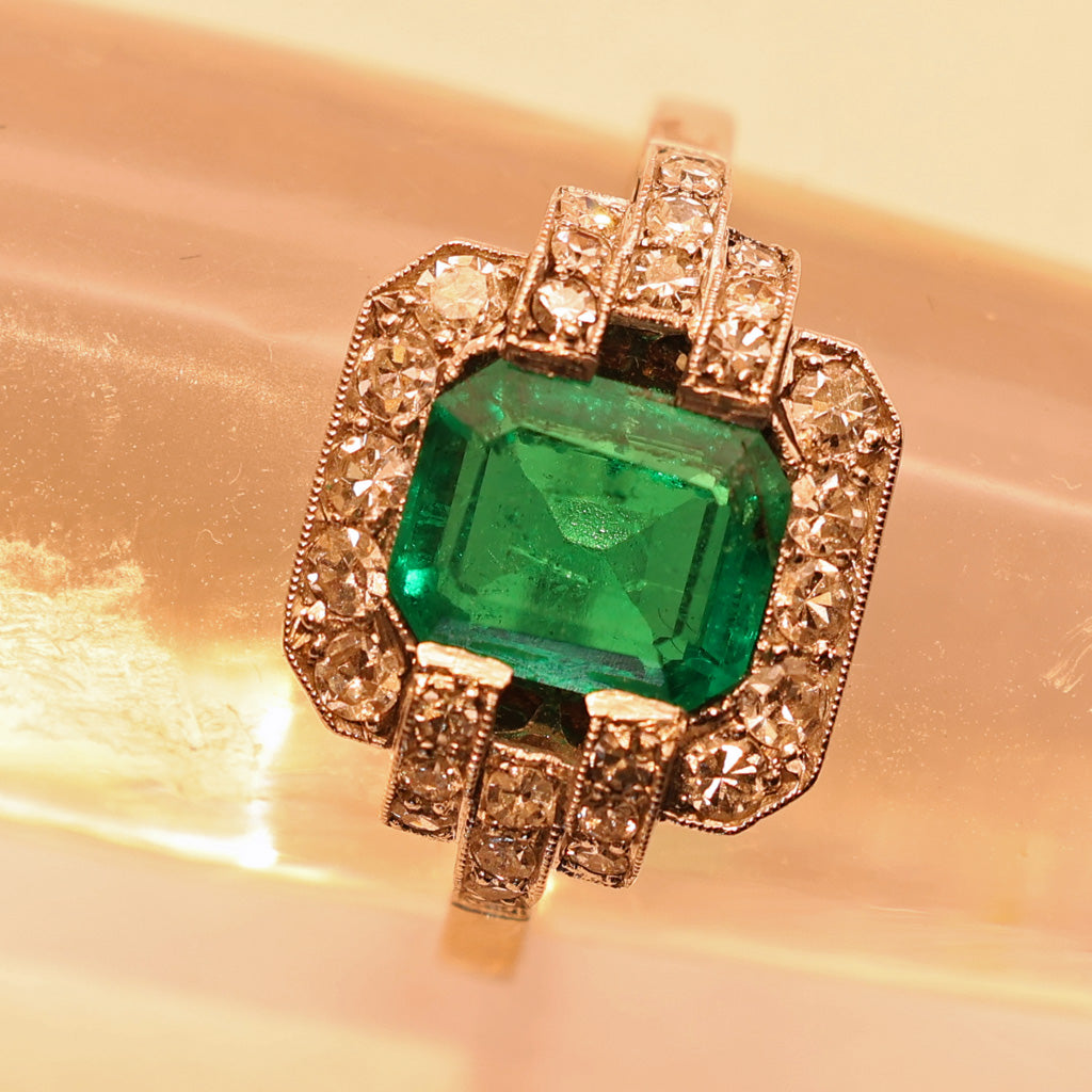 Antique Art Deco ring emerald diamond platinum engagement AGL certificate (7531)