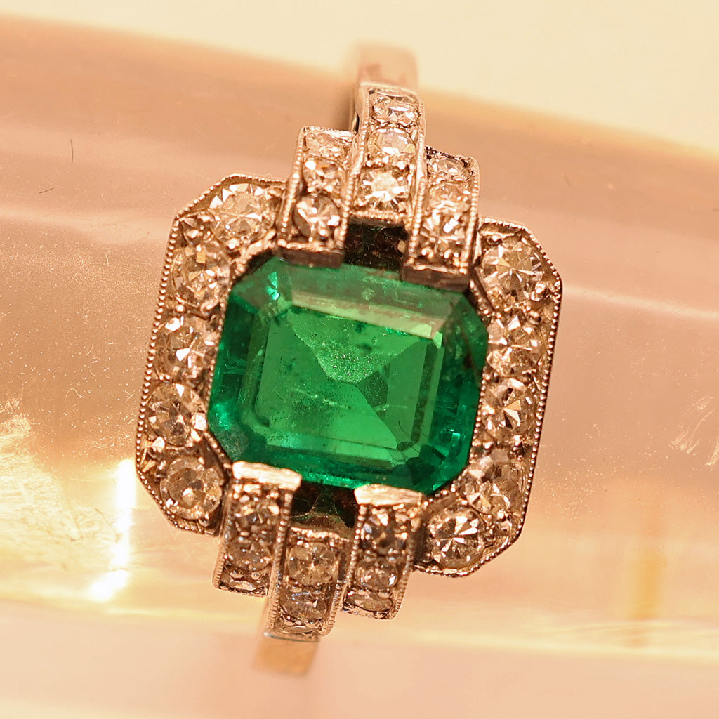 white ground Antique Art Deco ring emerald diamond platinum engagement AGL