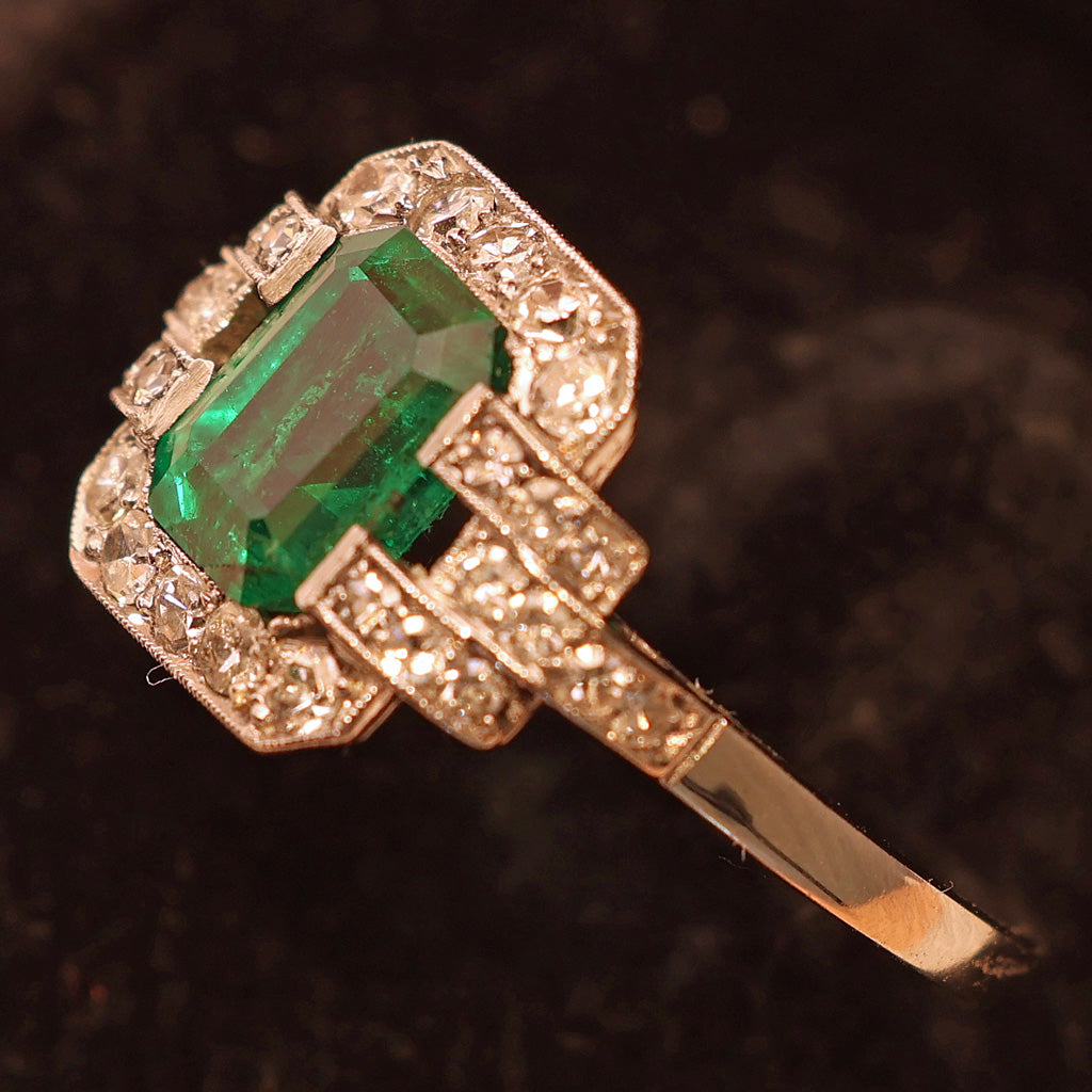 Antique Art Deco ring emerald diamond platinum engagement AGL certificate (7531)