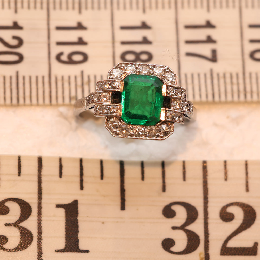 Antique Art Deco ring emerald diamond platinum engagement AGL certificate (7531)