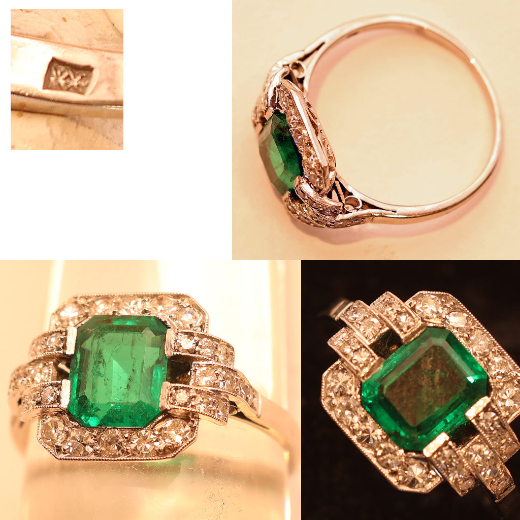 Antique Art Deco ring emerald diamond platinum engagement AGL certificate (7531)