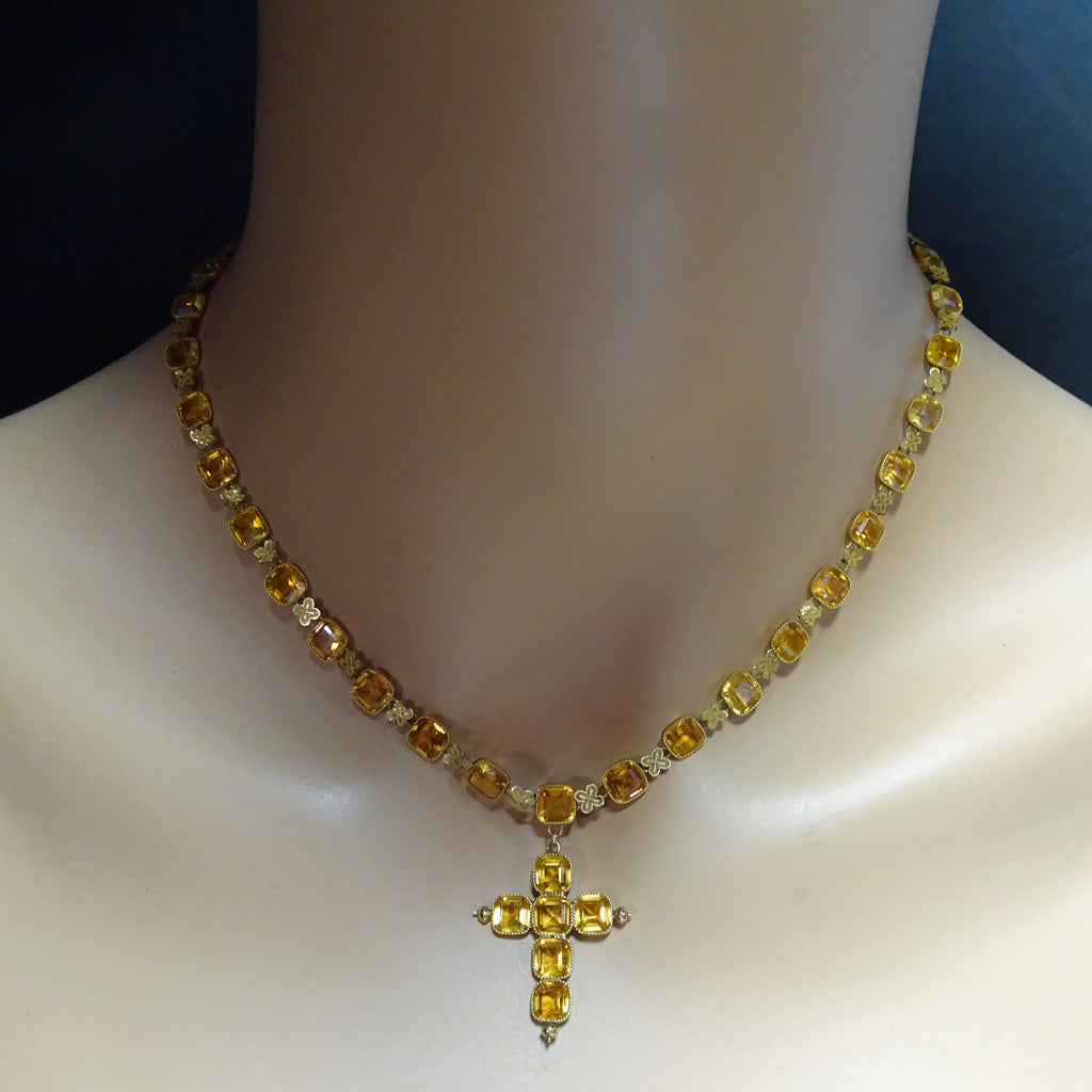 Antique Georgian set earrings necklace cross pendant 18k gold paste French (7487)