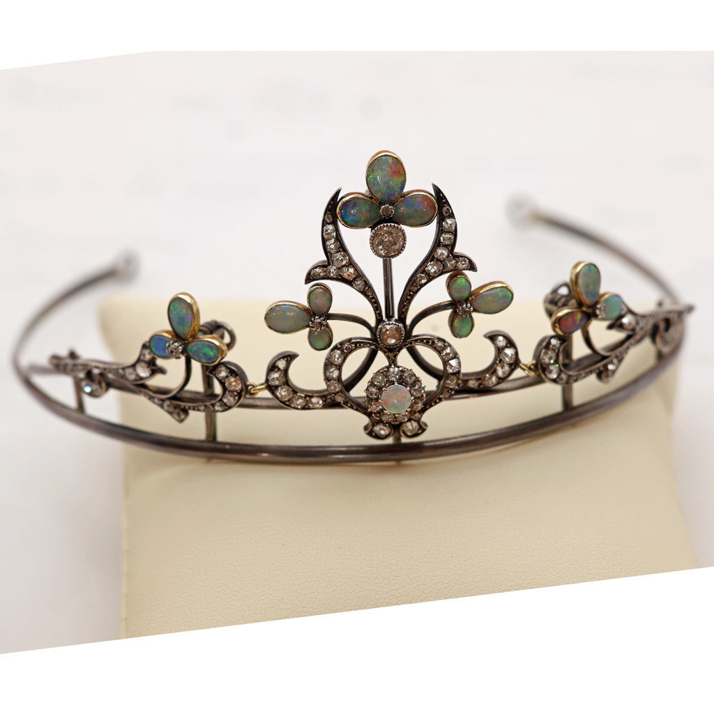 Antique Victorian Tiara Necklace Silver Gold Platinum Diamonds Opals white background