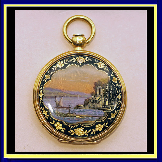 Victorian pocket watch case pendant locket gold guilloche enamel landscape