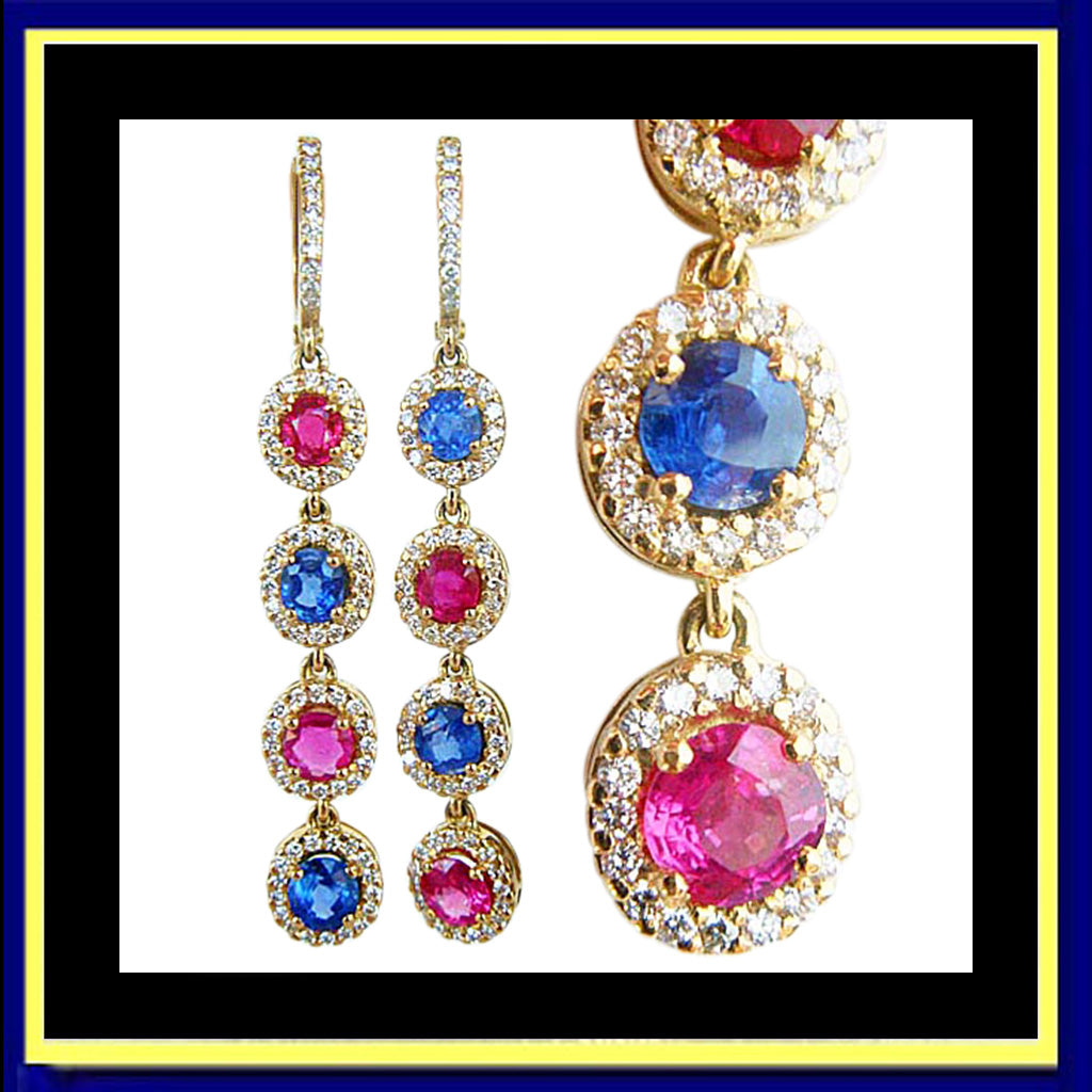 Earrings Ear Pendants Cascading Rubies Sapphires Diamonds in 18k Gold (4764)