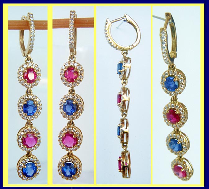 Earrings Ear Pendants Cascading Rubies Sapphires Diamonds in 18k Gold (4764)