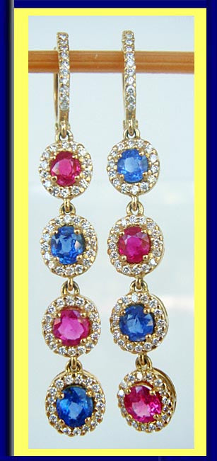 Earrings Ear Pendants Cascading Rubies Sapphires Diamonds in 18k Gold (4764)