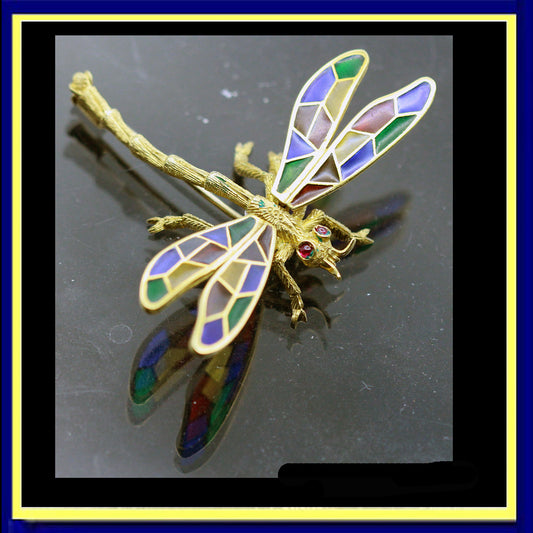 Buccellati Dragonfly Brooch Plique-à-jour  Enamel 18k Gold Italy Vintage (5657)