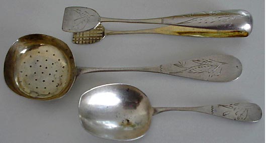 Antique Russian Silver Sugar Sifter Tongs Caddy Spoon 3 serving pieces 