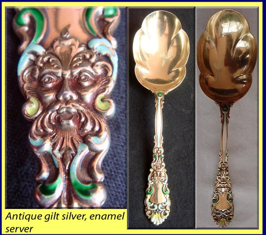 Dominick & Haff antique Sterling Silver serving spoon masks gold enamel