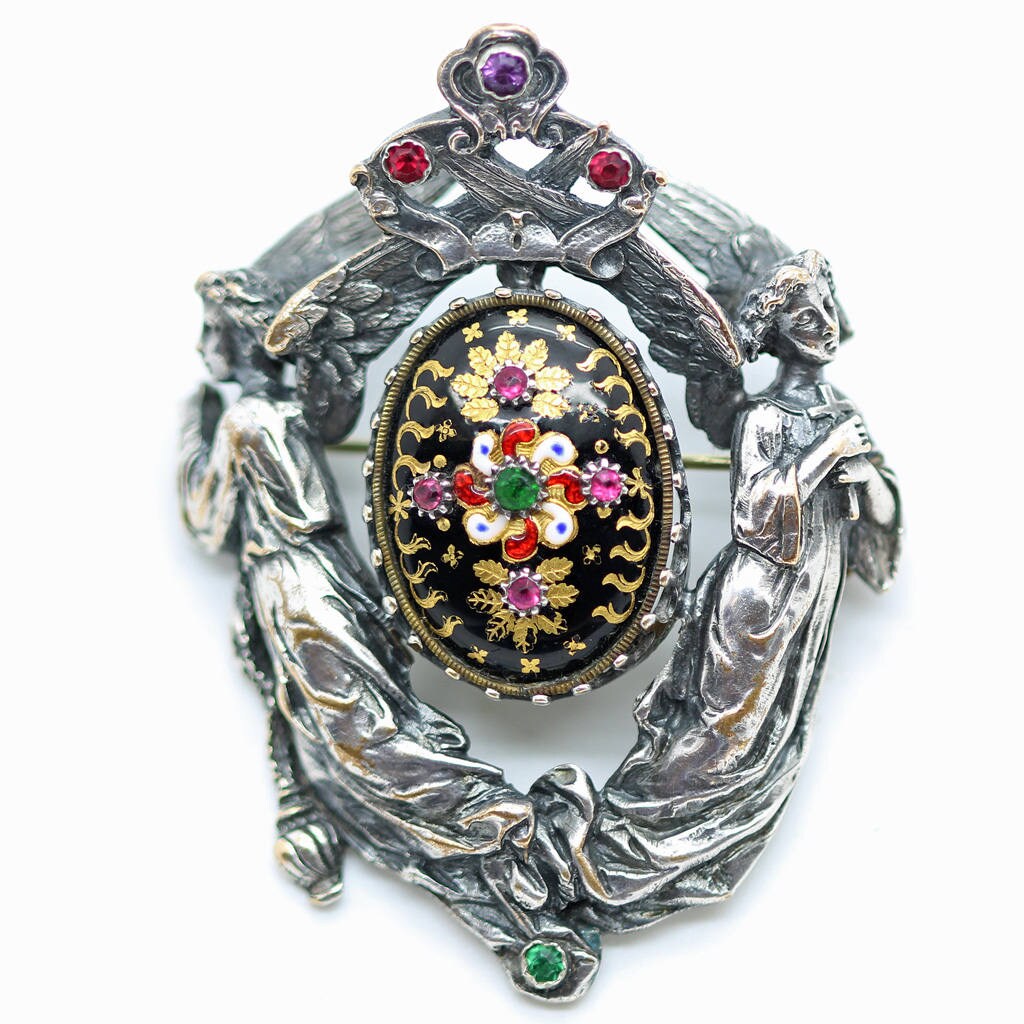 French Renaissance Revival Diamond and Enamel Necklace/Brooch