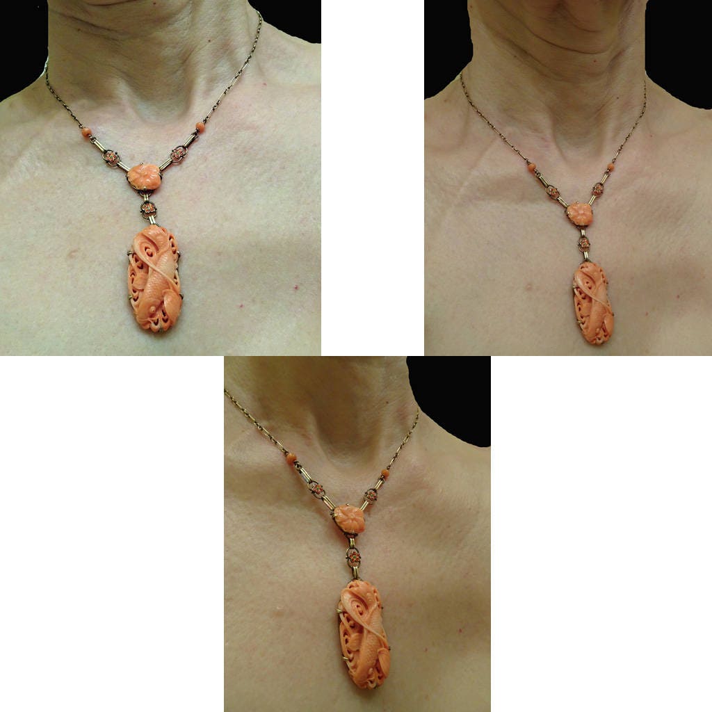 Carved coral geisha woman pendant 2024 19 in 12k gf curb chain necklace