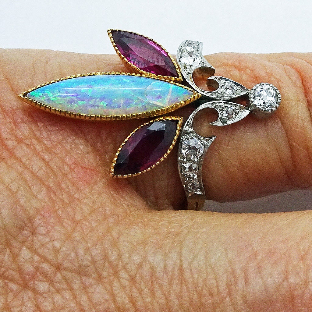 Art Nouveau Ring Platinum 18k Gold Opal Rubies Diamonds French w Appraisal (6725