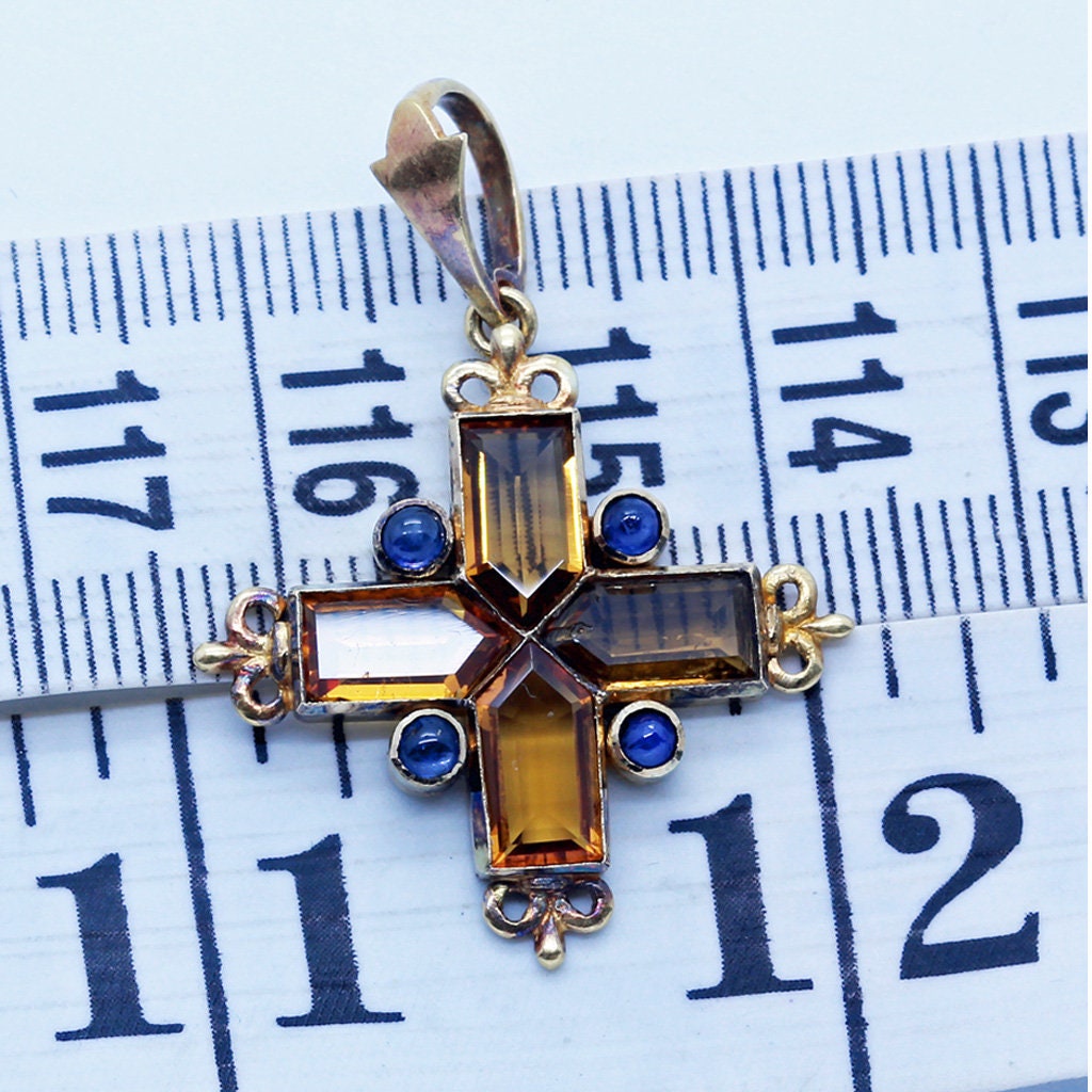 GIULIANO Antique Victorian Cross Pendant 18k Gold Sapphires