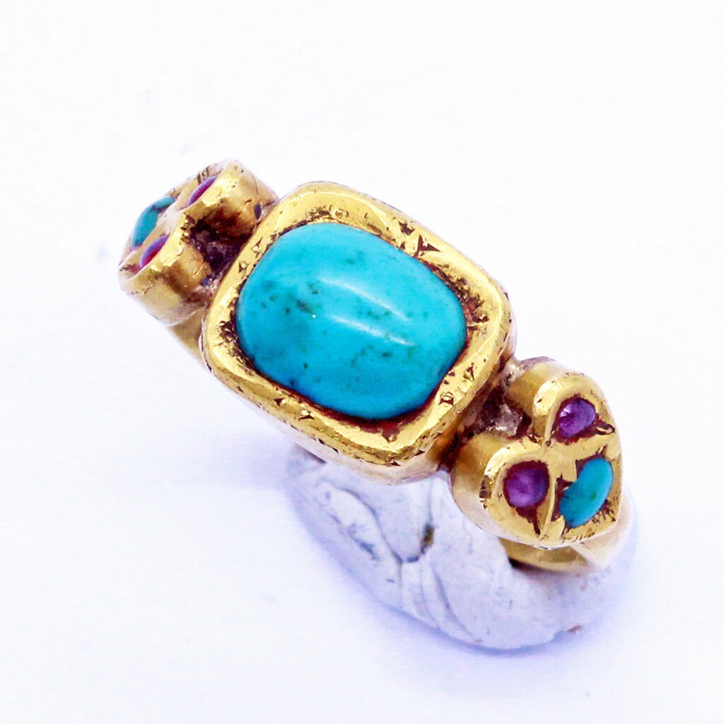 Antique Victorian Ring 22k Gold Turquoise Rubies Indian Mughal Unisex Man  (6807)