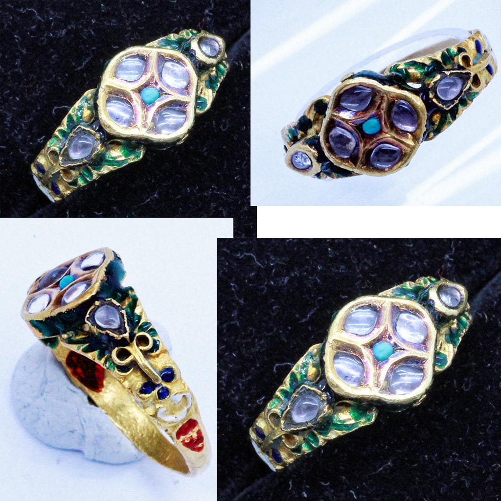 Antique Ring 20k Gold Enamel Turquoise Gems Rajastan India Unisex