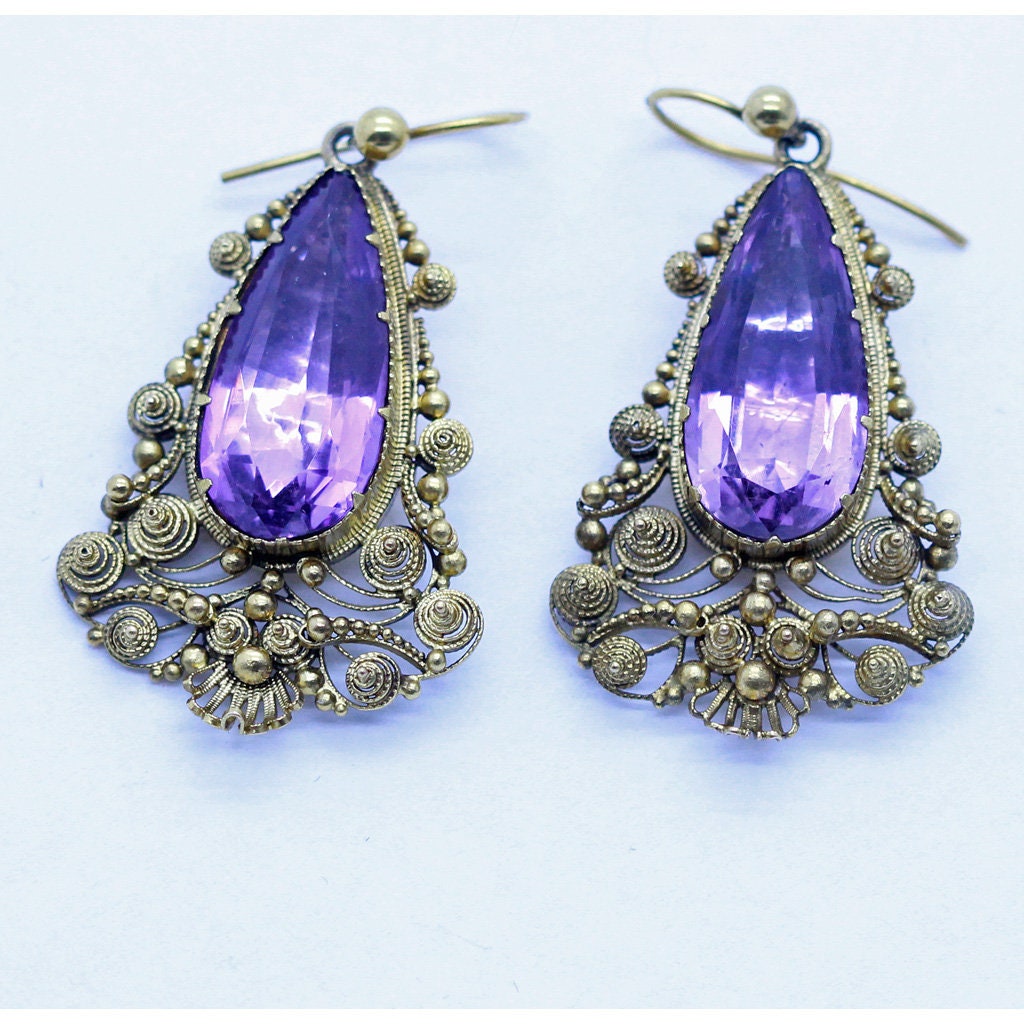 Antique Georgian Earrings Gold Amethysts Cannetille Ear Pendants English(6958)