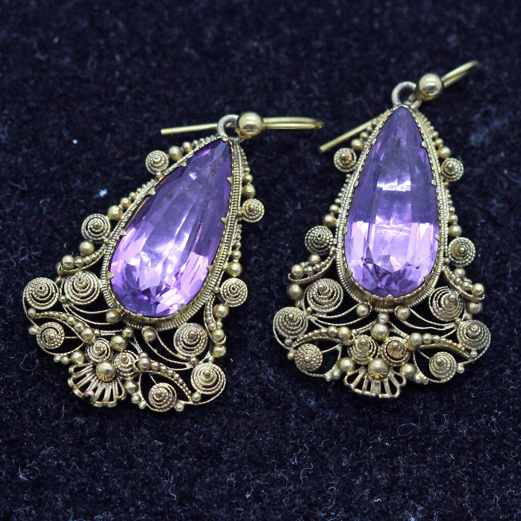 Antique Georgian Earrings Gold Amethysts Cannetille Ear Pendants English(6958)