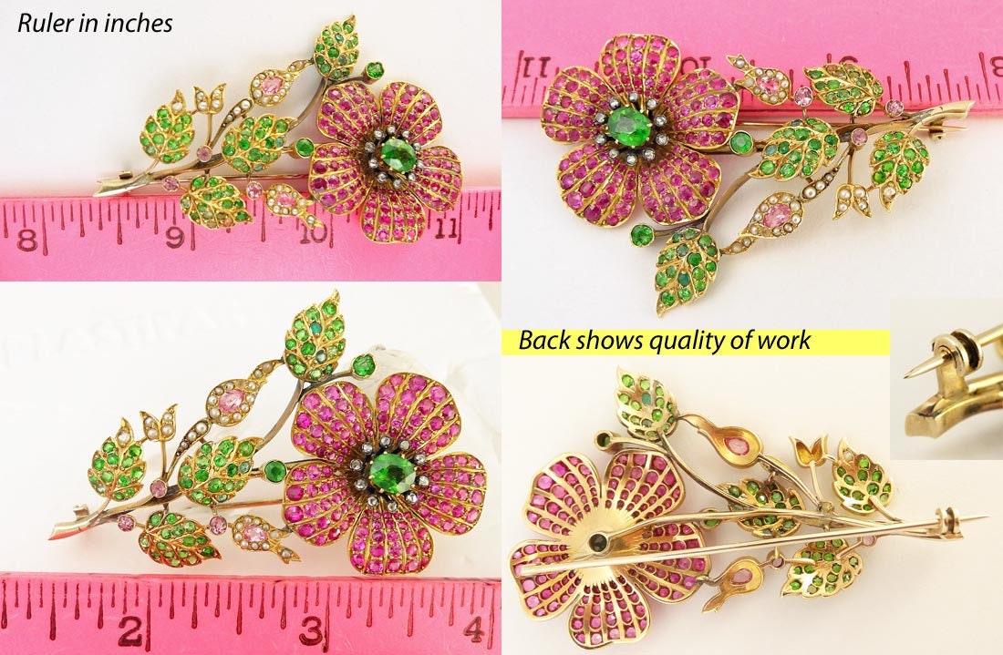 Antique Brooch Gold Demantoid Garnet Ruby Sapphire Diamond Pearl Unisex (5293)