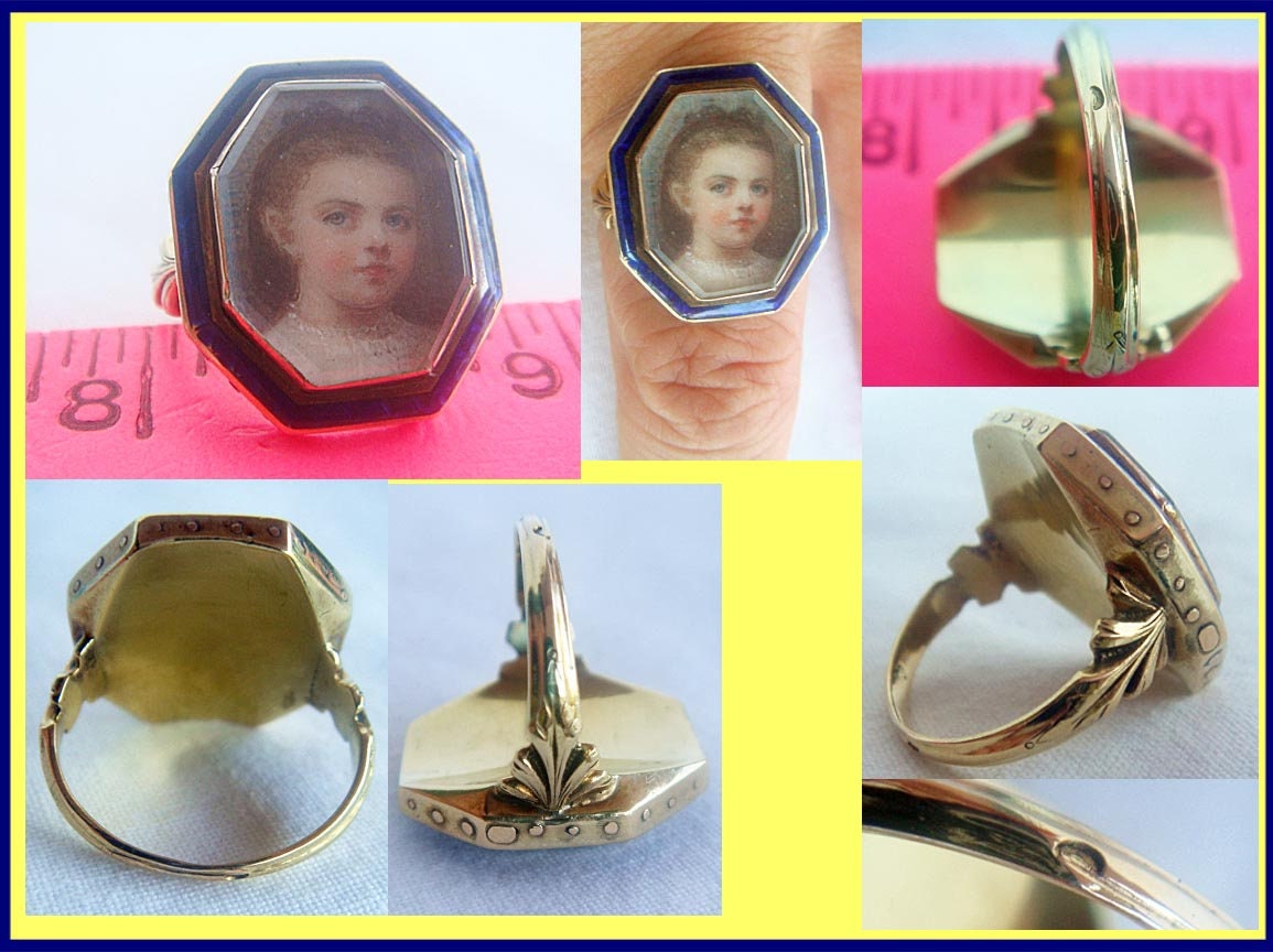 Ring Antique Miniature Portrait. 18k Gold Enamel French (#4728)