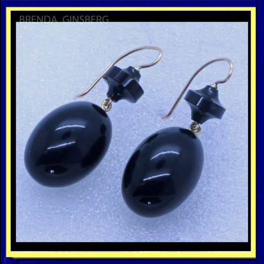 Antique Victorian Earrings Onyx 14k Gold c1870-80 Black Elegant Dangle drop(7073)