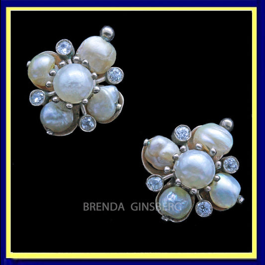 Antique Victorian Earrings Gold Pearls Old Mine Cut Diamonds (7159)