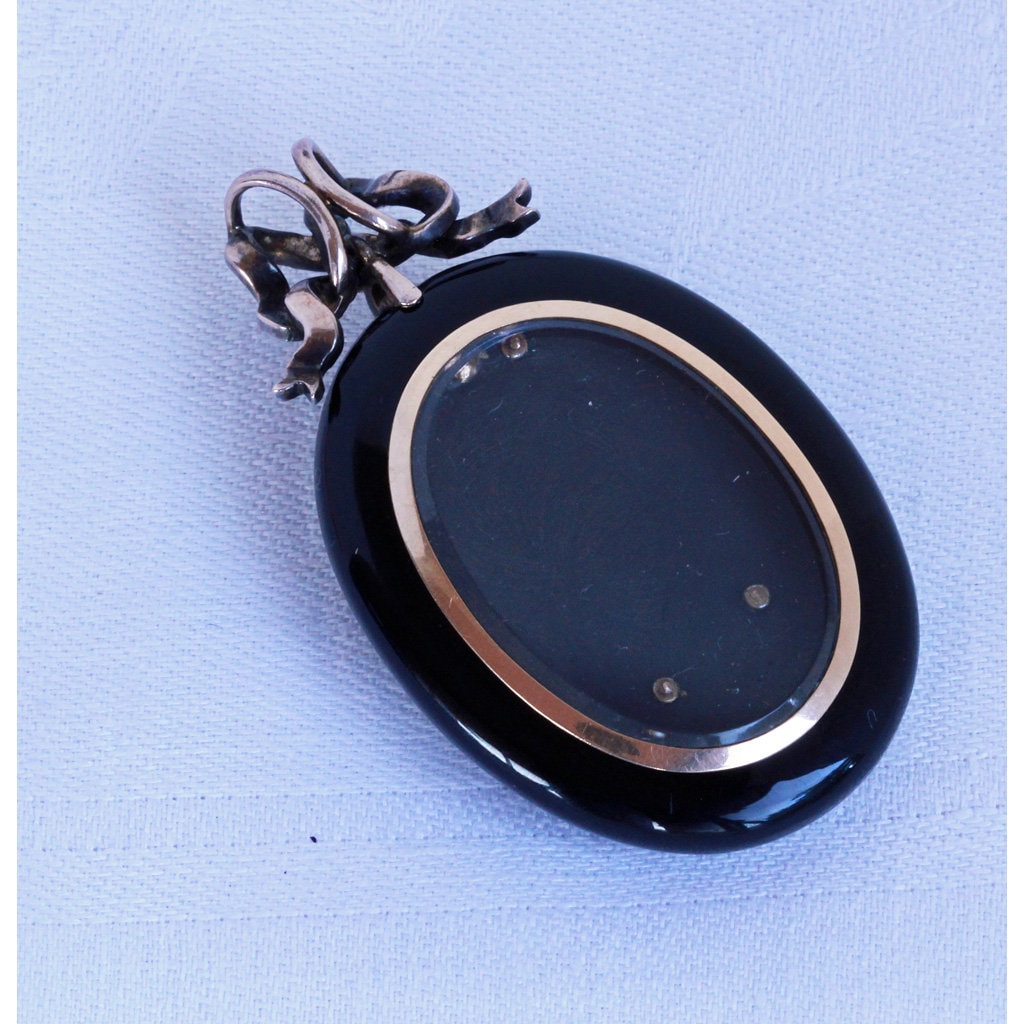 Antique Victorian Pendant Locket 18k Gold Diamonds Onyx Silver