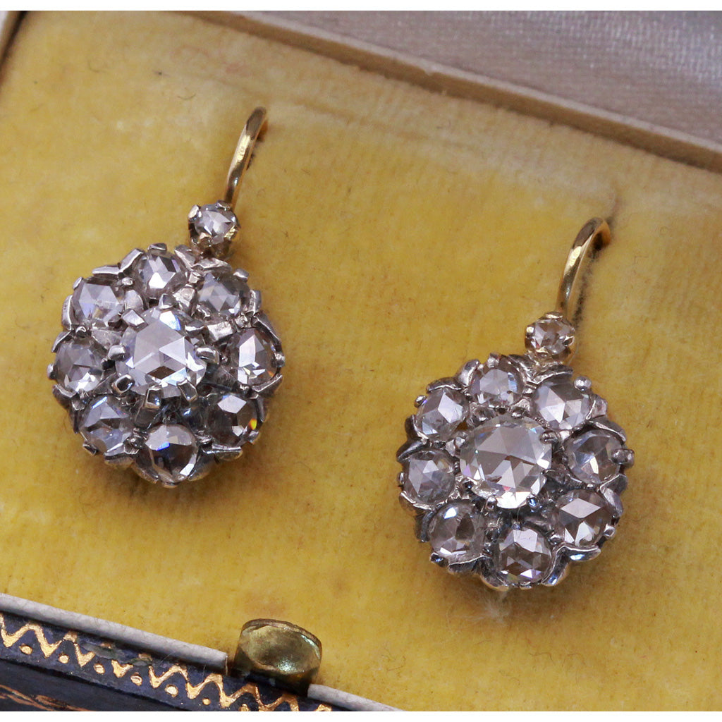 18K Yellow Gold Diamond Rose Cut Flower Earrings