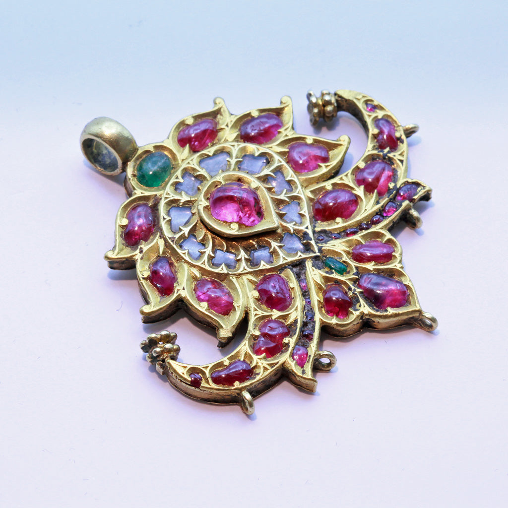 Antique Pendant 22k gold rubies, emeralds, white sapphires Mughal peacocks  (7253)