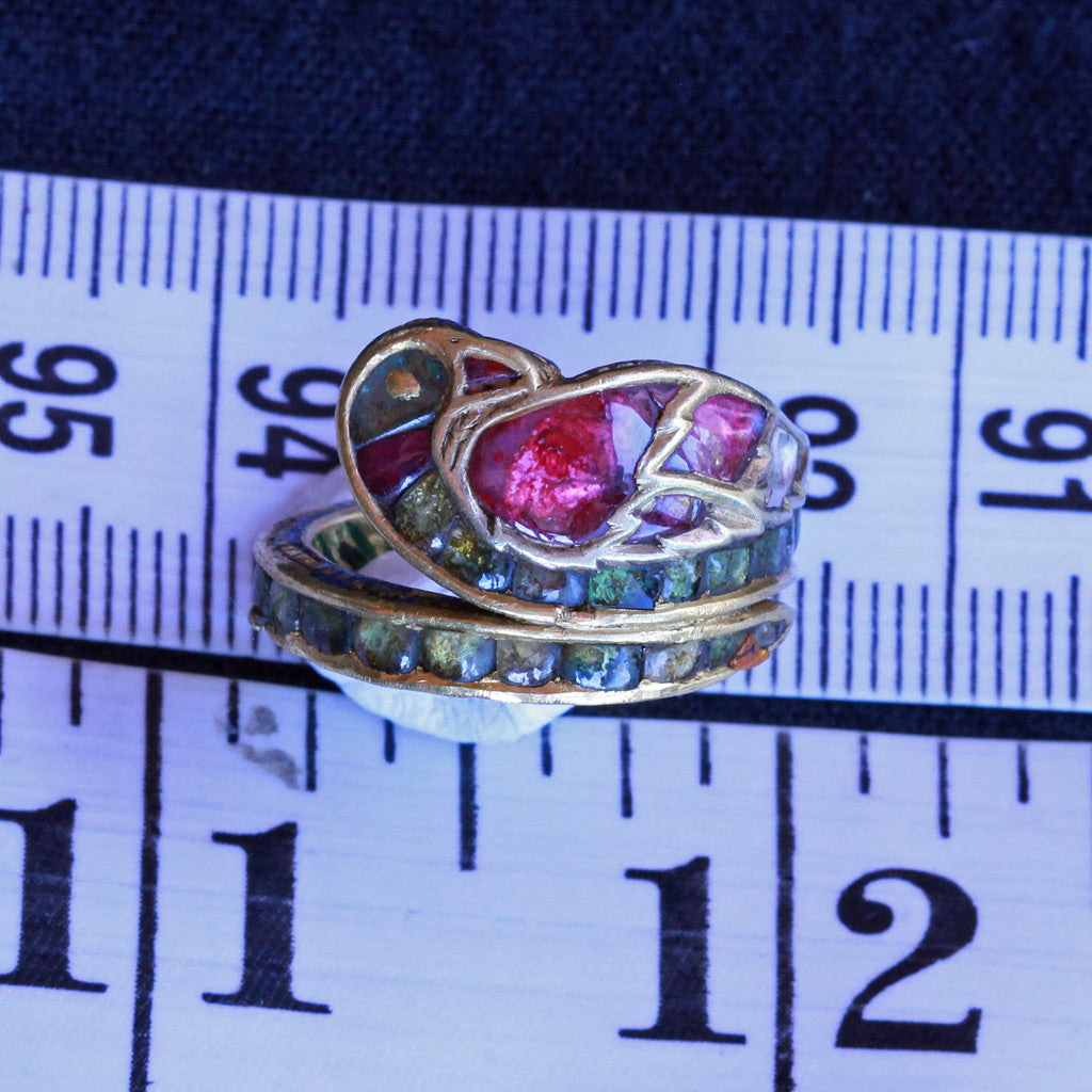 Antique ring 18k gold rubies emeralds diamond enamel bird Indian